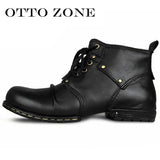 OTTO Top Quality Handmade High Shoes Boots Rivet Spring Boots With Fur Genuine Cow Leather Men's Fashion Shoes Free Shipping